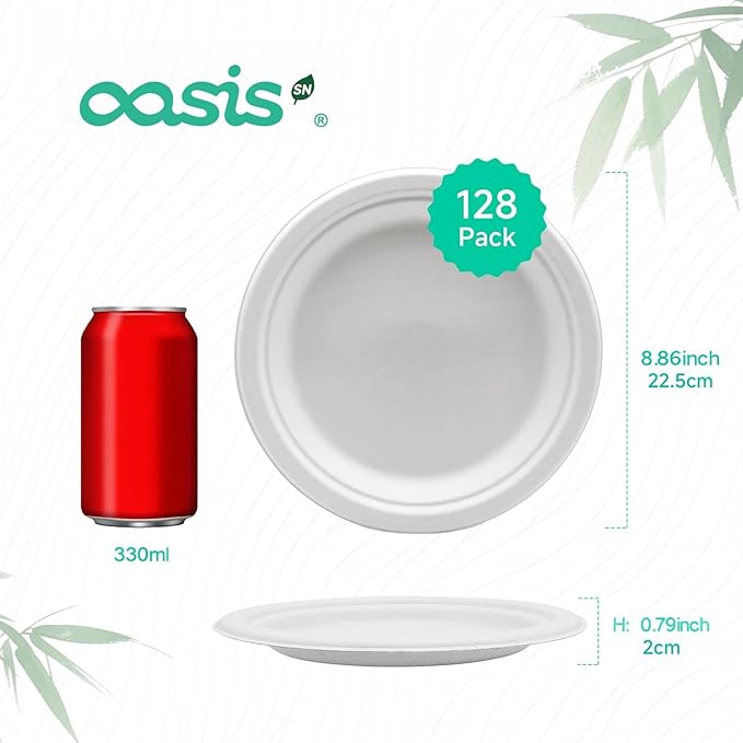 9 Inch 128 Pack Compostable Disposable Paper Plates, Dinner Plates, Heavy Duty Sugarcane Bagasse, Biodegradable Eco-Friendly, Soak Proof & Cut Resistant, Unbleached White