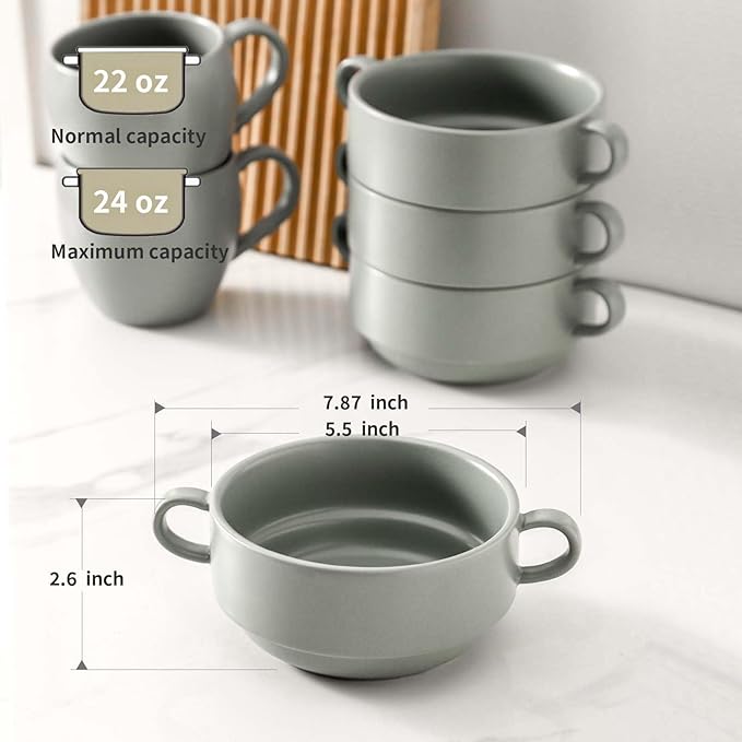Soup Bowls, 22 oz French Onion Soup Bowls with Handles, Stackable Ceramic Bowls Set of 4, Dinner Bowls for Chili, Beef Stew, Soup, Cereal, Oven Microwave Dishwasher Safe, Matte Gray