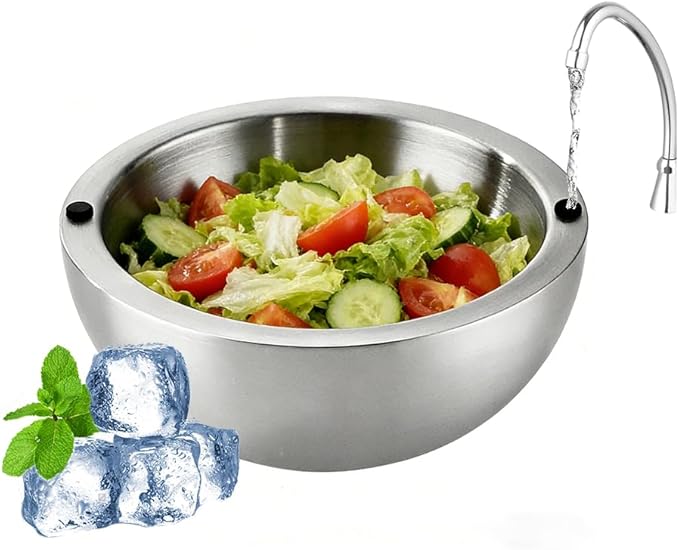 304 Stainless Steel Insulated Salad & Dipping Bowl, Two Hot/Cold Water Inlets to Keep Food Hot or Cold Suitable for Picnics, Salad Making and Dipping (70 oz)