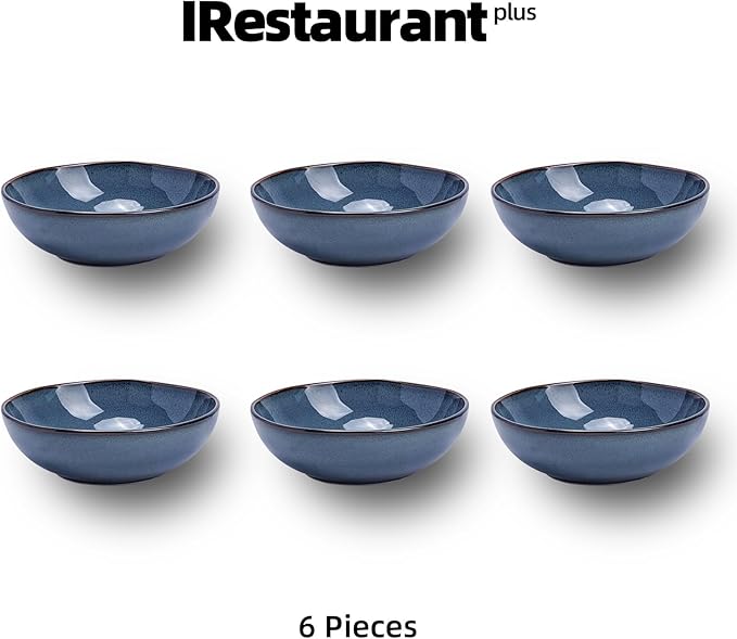 Organic Shape Highland Ceramic Soup/pasta Bowl, 6pcs Reactive Glaze 8inch Bowls with Wavy Edge, for Kitchen, Microwave & Dishwasher Safe, Scratch Resistant-Blue