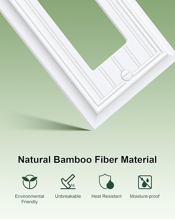 2-Pack Classic Beadboard Decorator Wall Plate Cover, Pure White Decorative Switch Plates and Outlet Covers, Durable Natural Bamboo Fiber Wall Plates for Electrical Outlets, Receptacle, GFCI Outlet