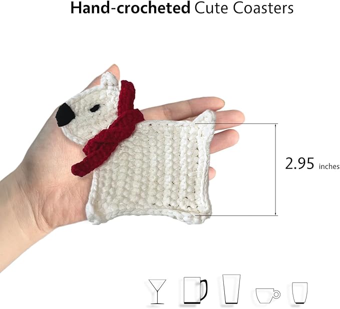 UMIRRO Handwoven Drink Coasters for Coffee Table, Gifts for Dog Lovers, Cute Home Kitchen Decor for Room, Dog Themed Birthday Party Decorations - White Puppy with Red Scarf, Set of 2