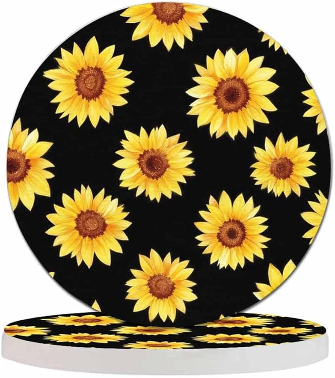 Sunflowers Cup Coasters Set of 2 Chamomile Cornflowers On Black Beautiful Watercolor Floral Wooden Table Apartment Decor 100% Diatomite for Drinking Glasses,4 Inches