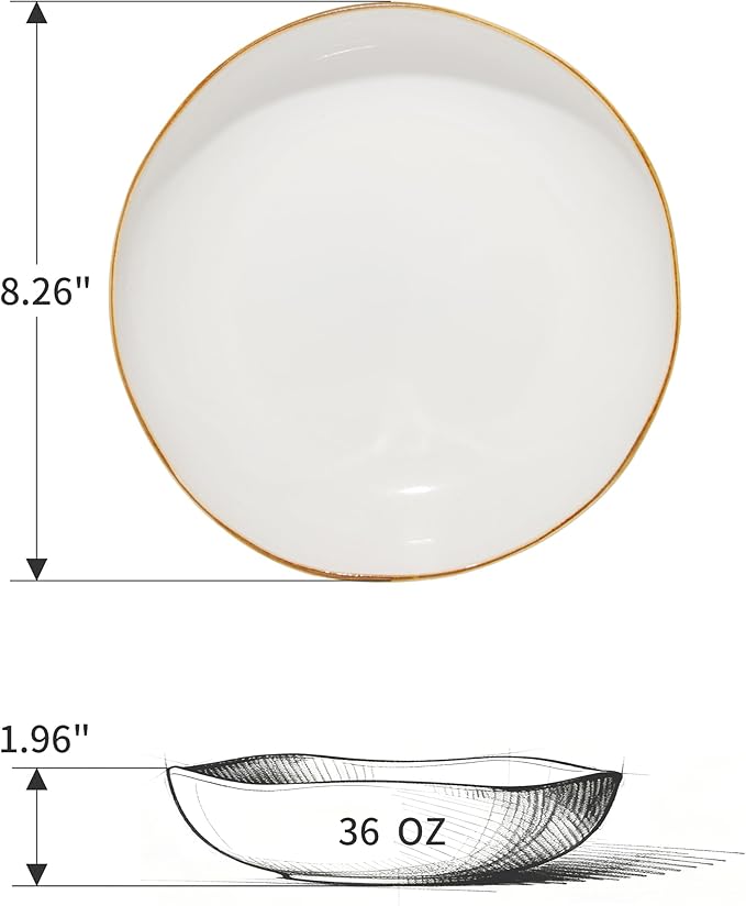 Pasta Bowls Set of 6, Wavy Rim Large Salad Bowl, Dishwasher Safe Ceramic Plates, White Everyday Pasta Plates for Soup, Noodle, Dinner
