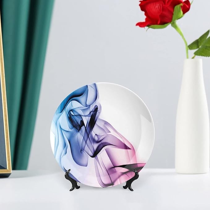 Ceramic Display Plate, Abstract Decor Ceramic Hanging Decorative Plate, Colorful Smoke Dynamic Flow Swirl Contemporary, 6 Inch, Household Custom Ceramic Plate, Fuchsia Blue