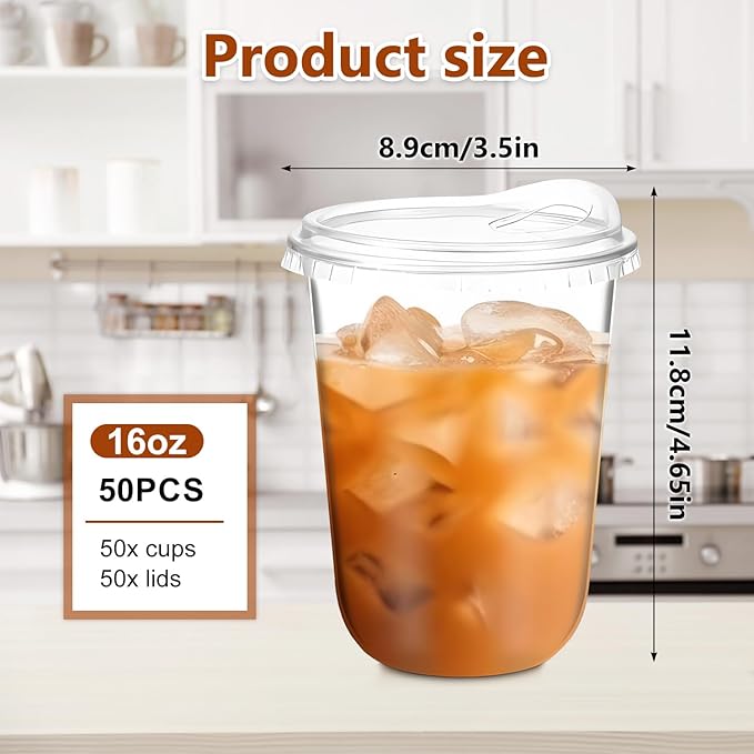 50 Pack 16 oz Disposable Iced Coffee Cups With Sip Lids , Clear Plastic Cup for Cold Boda Tea Smoothie Slushie Milkshake Togo Drinking for Party , Drink Shop Coffee Bar Accessories Supplies , BPA Free