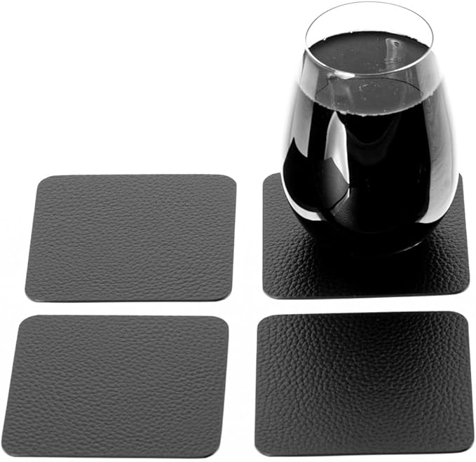 Nikalaz Set of Small Black 4 Placemats and 4 Coasters Made of Recycled Leather, Place Mats (15.7'' x 11.8'' and Coasters 3.9'' x 3.9'', Black)