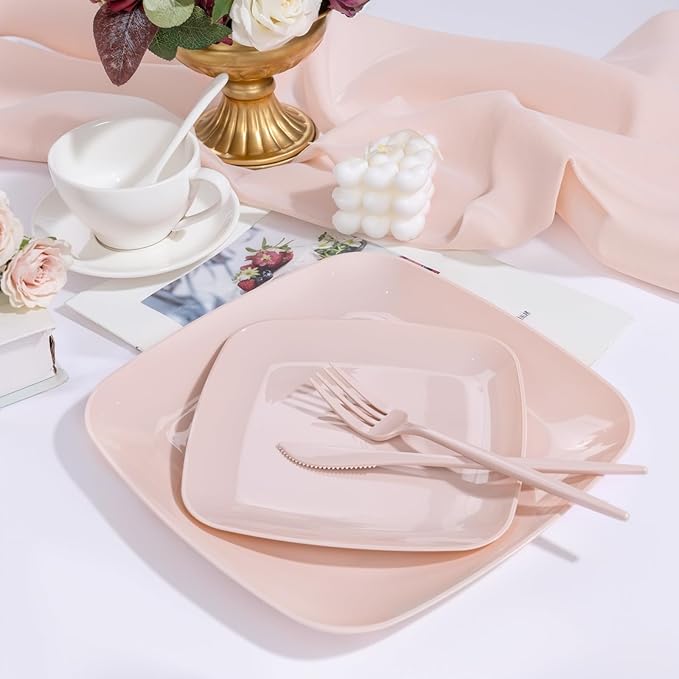 PULOTE 60PCS Pink Square Plastic Plates Disposable - Premium Quality Pink Set Include 30 Dinner / 30 Dessert Plates for Party, Wedding & Valentines Day