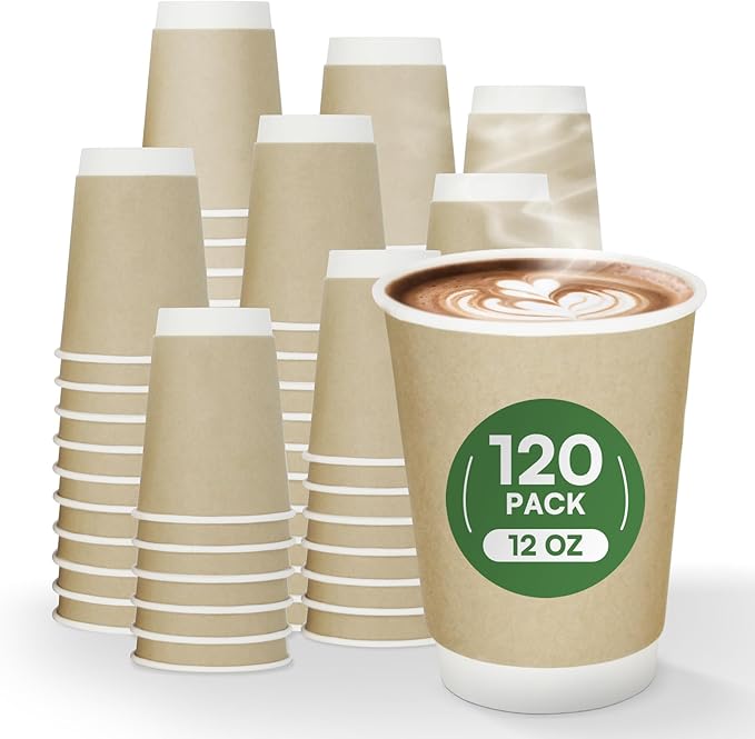 12 oz Hot Cups Compostable Coffee Cups -120 Pack Double Wall Paper Cups, BPI Certified PLA Coated Compostable Cups, Natural Kraft To-go Disposable Coffee Cups for Office Coffee Bar To Go Travel