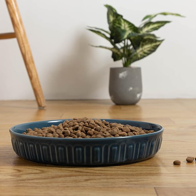Fun Elements Shallow Dog Bowls, 10.5" Ceramic Large Food Plate for Small, Medium and Large Breeds, Non-Slip, Flat and Wide, Dishwasher Safe, Suitable for Dogs and Cats (Blue)