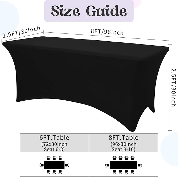 HAISIWLKJ 3 Pack Table Cloth 8ft Black Tablecloths for Rectangle Folding Table Spandex Fitted Stretch Table Cover Wrinkle Resistant Washable Table Protector for Party, Wedding, Banquet, Festival.