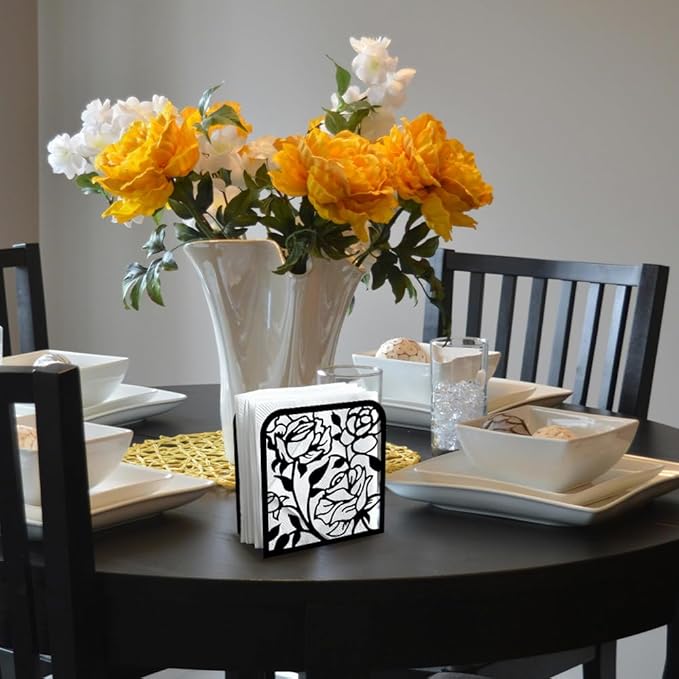 Rose Flower Decorative Black Metal Napkin Holder for Table, 4.9" x 4.9" x 1.9" Standing Napkin Holder for Home Kitchen Restaurant Picnic Party Coffee Bar Dining Room
