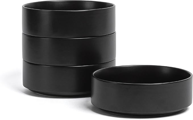 over&back Stackable Cereal Bowl Set - Stoneware Dishes - Comes with 4 Cereal Bowls - Easy-to-Stack Breakfast Place Settings - 6.2" x 6.2" x 2.2" - 25oz - Semi-Matte Black