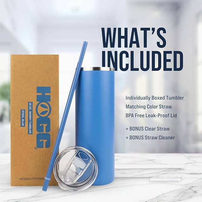 Hogg 20 oz Skinny Case (24 Units) - Steel Blue, Powder Coated Tumblers for Laser Engraving, Engravable Tumblers Bulk, Stainless Steel Cups Bulk, Insulated Cups with Lids and Straws