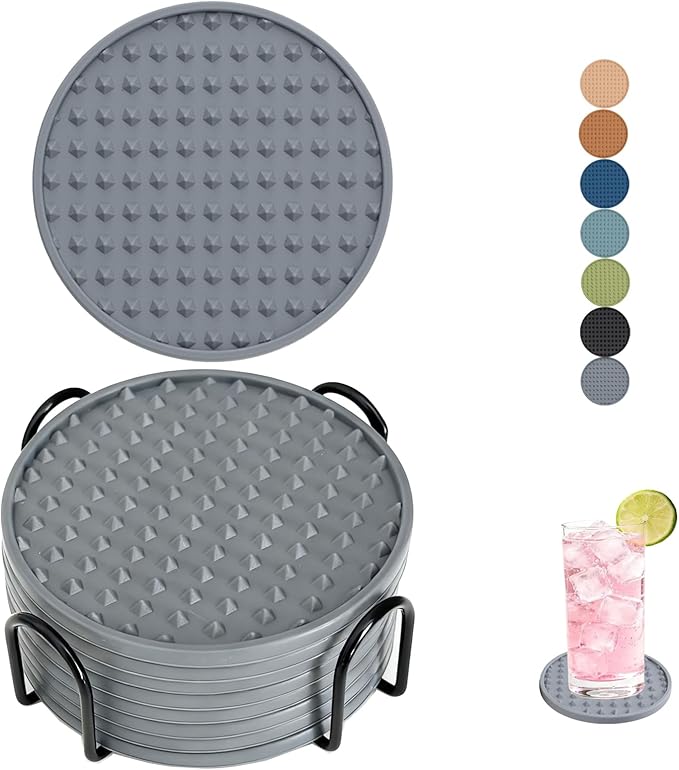 Set of 8 Silicone Coasters, 4'' Drink Coaster with Holder, Round Coasters for Drinks Beer Coffee Home Office Bar Desk Tabletop Protection, Non-Slip Rubber Coaster (Grey, 8 Pcs-Metal Holder)