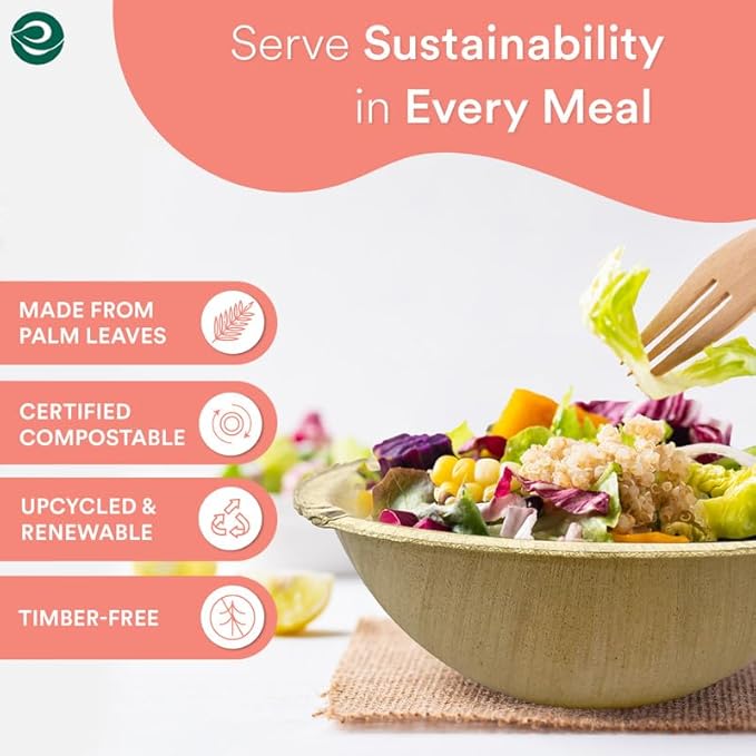 ECO SOUL 100% Compostable, Biodegradable, Disposable Palm Leaf Bowls |6 inch, 16oz, pack of 50 (Round) | Like Bamboo Bowls, Eco-friendly | Sturdy, Microwave & Oven Safe