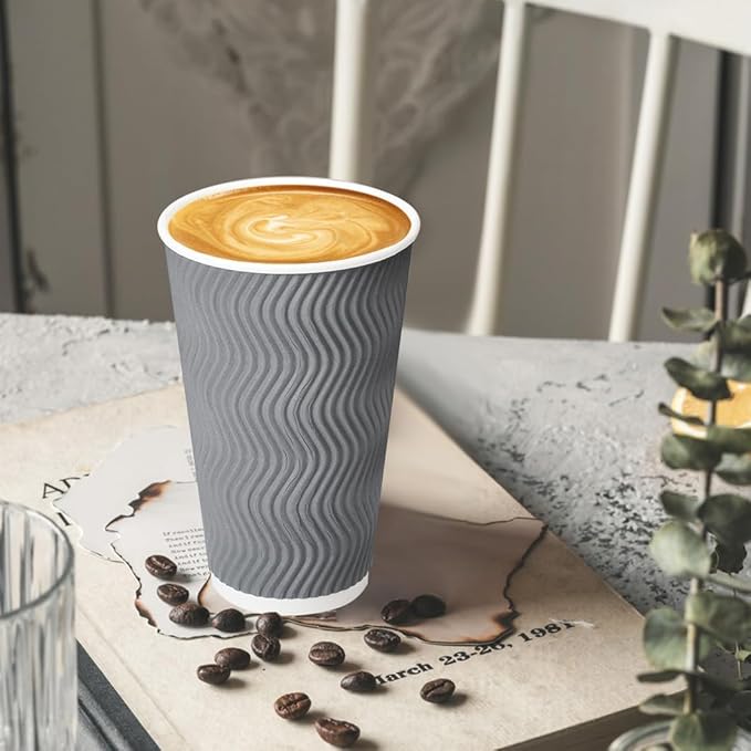 500 Pack 16 oz Coffee Cups with Lids, Disposable Insulated Hot Cups To Go Paper Coffee Cups, Corrugated Ripple Wall Cup for Hot Drink, Office, Coffee Bar (Grey 16 oz)