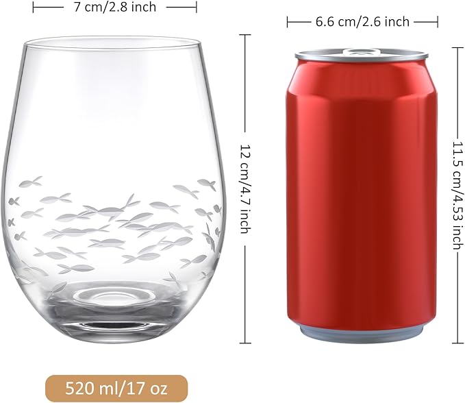Joeyan Etched Stemless Wine Glasses,Hand Blown Drinking Glass Cups Wine Tumbler with Fish School Patterns,Carved Large Cocktail Whiskey Glasses,Gift for Party Wedding,17.5 oz,Dishwasher Safe
