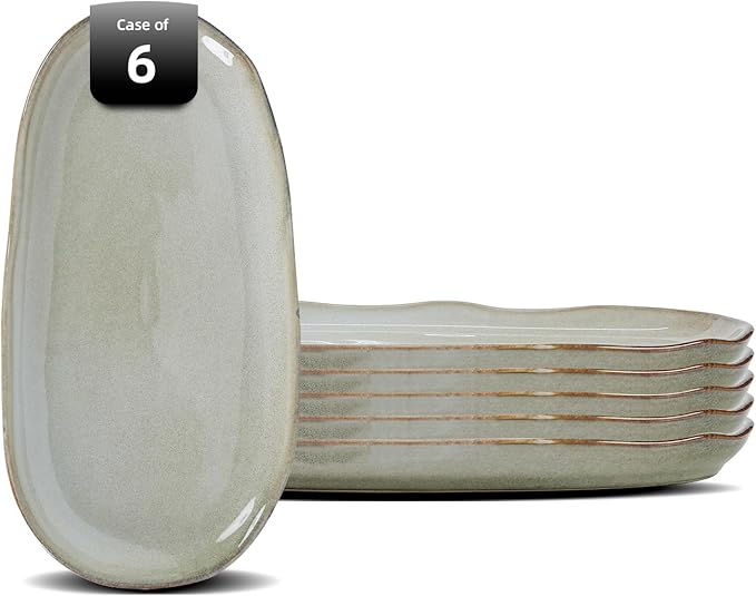 Organic Shape Highland Ceramic Serving Tray, 6pcs 13×7inch Handmade Reactive Glaze ceramic Tray with Wavy Edge, for Kitchen, Microwave & Dishwasher Safe, Scratch Resistant-grey