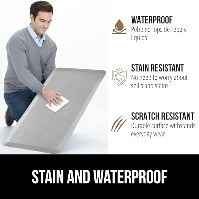 GORILLA GRIP Comfortable Cushioned Kitchen Mats for Floor, 48x20, Waterproof and Stain Resistant Soft Top, 3/4 Inch Thick Ergonomic Standing Desk Anti Fatigue Mat, Foam Supports Feet, Light Gray