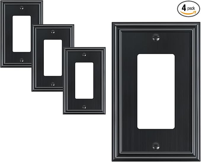 TREWELL 4-Pack Black Decorative Switch Plates and Outlet Covers, Durable Zinc Alloy, Compatible with Decorator Outlet Receptacle, Rocker Switch, Dimmer Switch, GFCI Outlets, Size 3.15''W x 4.92''H