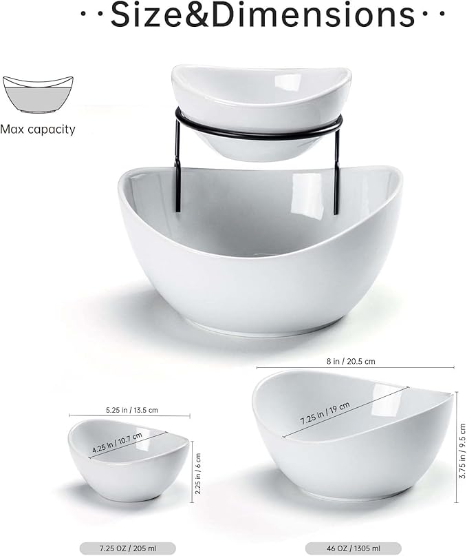 UNICASA Serving Bowls Set, 2 Tier Chip and Dip Bowls with Metal Rack Stand for Fruit, Salad, Candy, Snacks - Ceramic Tiered Appetizer Serving Dishes Food Display Stand for Parties, Kitchen