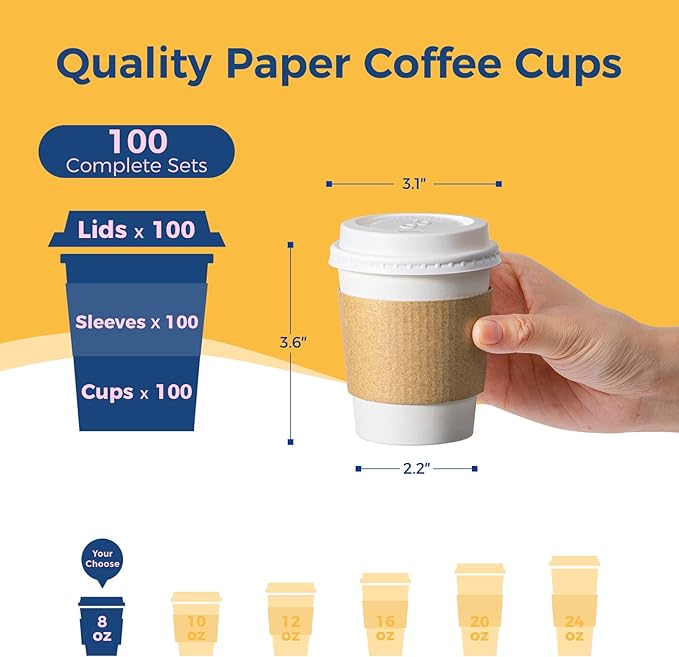 Fit Meal Prep 100 Pack 8 oz Disposable Coffee Cups with Lids, Sleeves, Leak-Proof To Go Coffee Cups with Lids, Durable Hot Paper Cups for Hot Cocoa and Coffee Bar Supplies