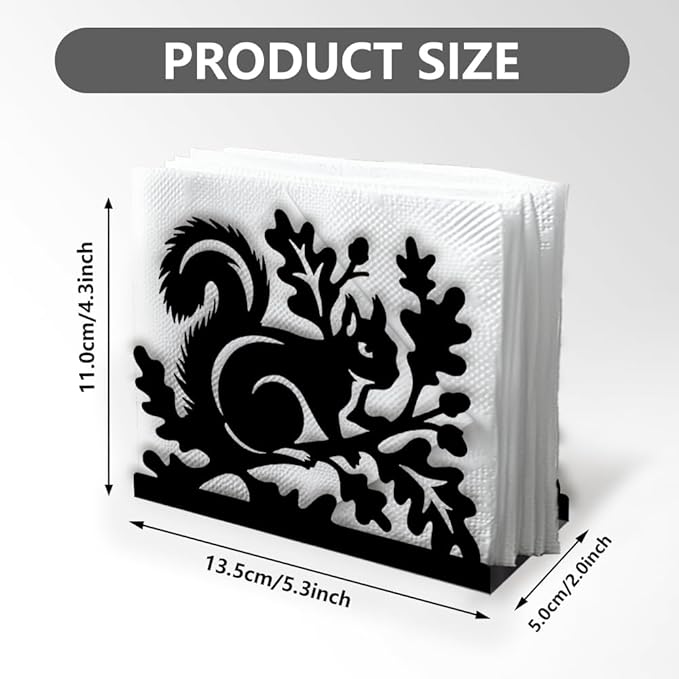 Squirrel Decorative Black Metal Napkin Holder for Table, 5.3" x 4.3" x 1.9" Squirrel Aniaml Standing Napkin Holder for Home Kitchen Restaurant Picnic Party Coffee Bar Dining Room