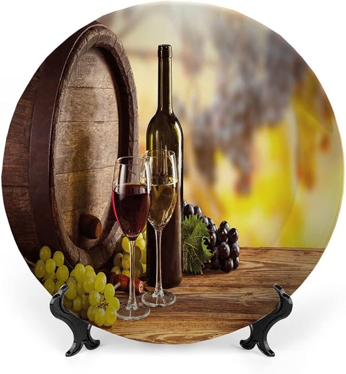 Ceramic Display Plate, Wine Ceramic Hanging Decorative Plate, Red and White Wine Bottle Glass on Wooden, 8 Inch, Living Room Kitchen Decoration Household, Brown Light Green Yellow
