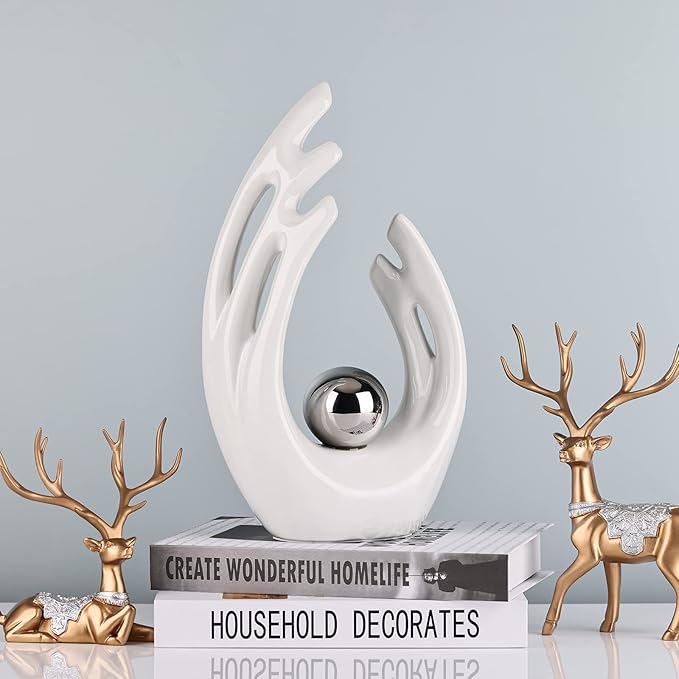 12" H White Silver Aesthetic Room Decor Accent, TV Stand Funky Table Centerpiece, Abstract Art Ceramic Statue and Sculpture, Silver Decor for Living Room, Bookshelf Decorative Objects, Shelf Decor