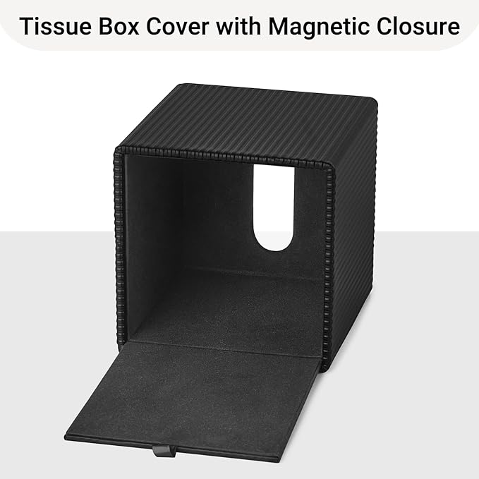 Mkono Tissue Box Cover PU Leather Square Tissue Box Holder with Bottom, Decorative Facial Cube Organizer for Bedroom Bathroom Dresser Vanity Countertop Night Stands Home Office Desk (Black)