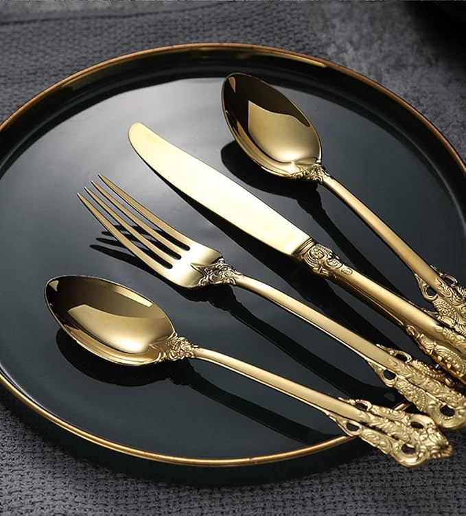Gold Silverware Set for 6 Durable 18/10 Stainless Steel Flatware Set Palace Style Modern Cutlery Utensils Set 24 Piece Include Knives Forks and Spoons Tableware Set for Home Kitchen Restaurant
