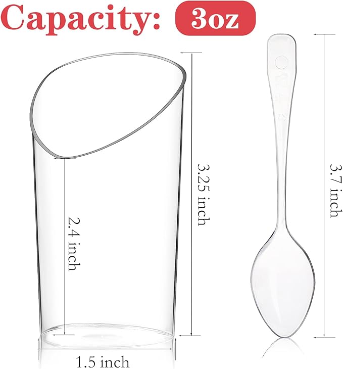 25 Pack Plastic Dessert Cups with Spoons, 3 oz Clear Mini Parfait Appetizer Cups, Reusable Slanted Triangle Shooter Serving bowls for Tasting, Small Dessert Shot Glasses