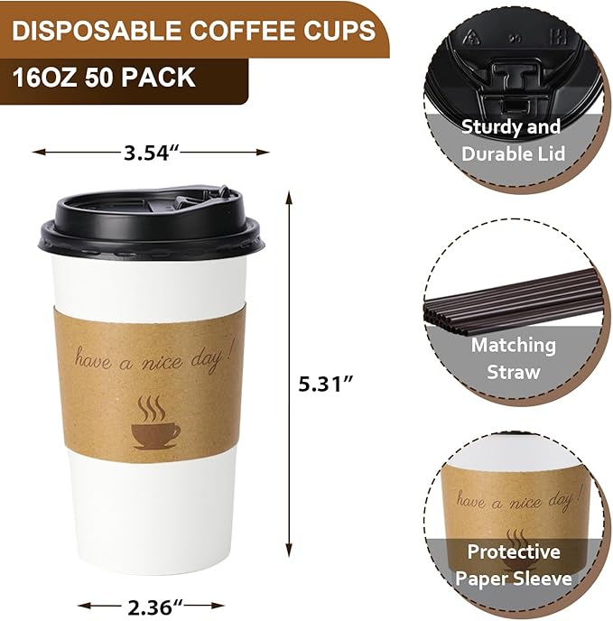 50 Pack 16 oz Disposable Coffee Cups with Lids, Paper Hot Coffee Cups with Sleeve and Straw, To Go Cups for Home, Office, and Party (White 16oz)
