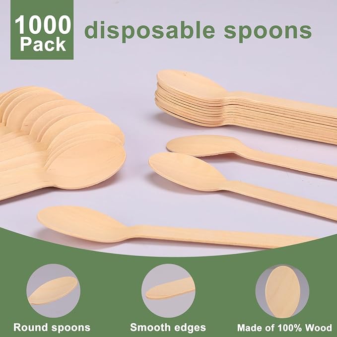 1000 Pack 6" Wooden Spoons Disposable Bulk – Heavy-Duty Compostable Birch Cutlery for Catering, Restaurants, Food Trucks, Events – Smooth & Splinter-Free Dessert Spoons
