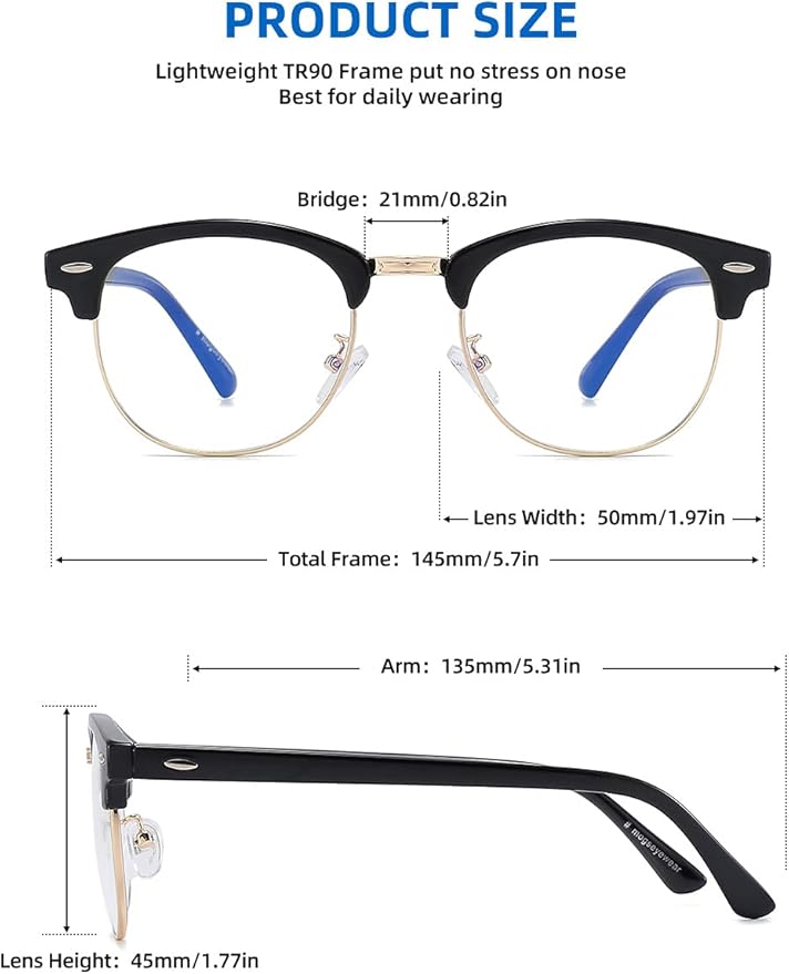 SOAR&EAGLE 3 Pack Blue Light Blocking Glasses,Computer Gaming Glasses,Retro Semi Rimless UV400 Clear Lens Computer Eyewear For Men/Women (Bright black gold/Amber gold/Crystal gold)