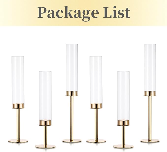 Hewory Gold Candle Holders Hurricane Candlestick Holders, 6Pcs Candle Stick Candle Holder Candelabra, Taper Candle Holders with Glass Candle Cover for Wedding Table Centerpiece Christmas Decor