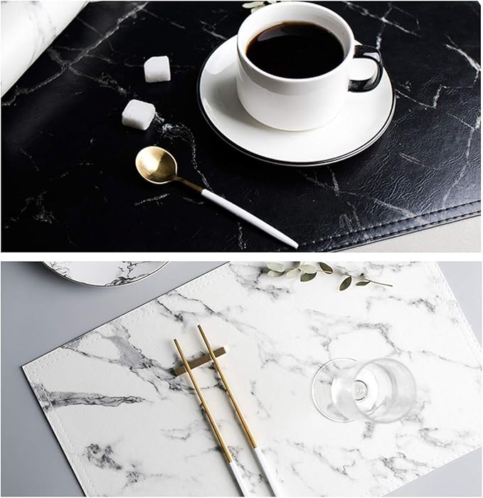 Marble Leather Placemats for Dining Table Waterproof Set of 4 Marble Decor for Kitchen Table Easy to Clean PU Place Mats for Dinning,Office (Marble（Black）)