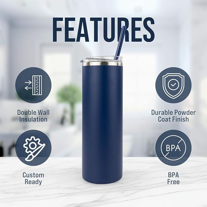 Hogg 20 oz Skinny Case (24 Units) - Navy Blue, Powder Coated Tumblers for Laser Engraving, Engravable Tumblers Bulk, Stainless Steel Cups Bulk, Insulated Cups with Lids and Straws
