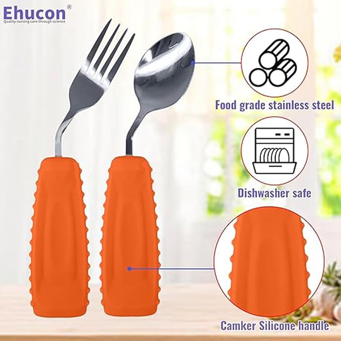 Adaptive Utensils for Hand Tremors,Weighted Utensils with Non-Slip Handle to Easy Grip for Elderly Use(Left Hand 1 pc Fork+1 pc Spoon=2 pcs,Orange)