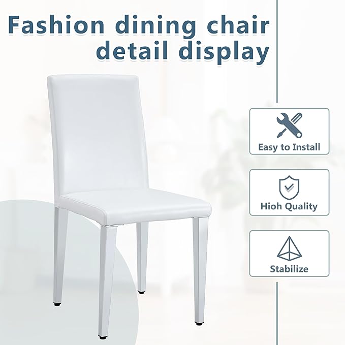 White Dining Chairs Set of 8,Faux Leather with Chrome Plate Metal Legs,Armless Kitchen Room Chairs Set of 8,Max Load 300 Lbs,High Back Modern Design for Home Kitchen Living Room Bedroom