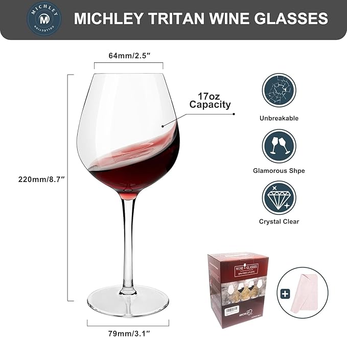 MICHLEY Unbreakable Red Wine Glasses 17 oz, Tritan Plastic Reusable Stemware for Indoor and Outdoor Use, Set of 2
