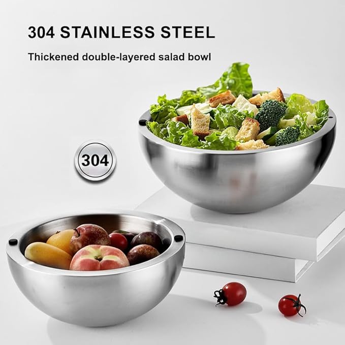 304 Stainless Steel Insulated Salad & Dipping Bowl, Two Hot/Cold Water Inlets to Keep Food Hot or Cold Suitable for Picnics, Salad Making and Dipping (35 oz)