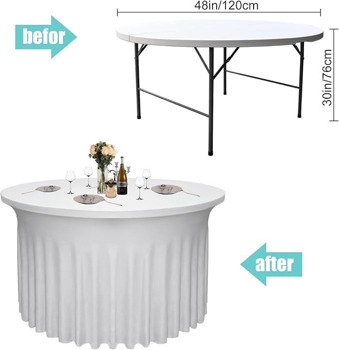 4 Pack White Round Table Skirt, 48 Inch Diameter x 30 Inch Height, Stretch Polyester Spandex Tablecloth for 4ft Round Tables, Stain & Wrinkle Resistant for Wedding, Party, Banquet Decor