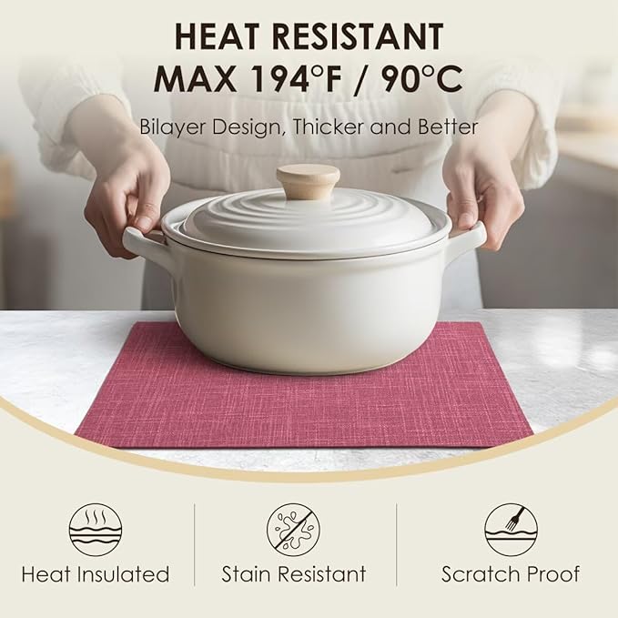 Placemats Set of 8, Bilayer Thickened Linen Place Mats Heat Resistant Machine Washable Wrinkle Free Carefully Selected Polyester Mats for Kitchen/Dining/Coffee Table (Pink)