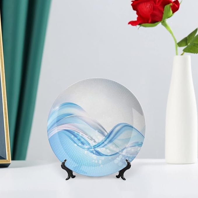Ceramic Display Plate, Abstract Ceramic Hanging Decorative Plate, Modern Wavy Ocean Surfer Summertime Themed, 6 Inch, Household Custom Ceramic Plate, Pale Blue and White