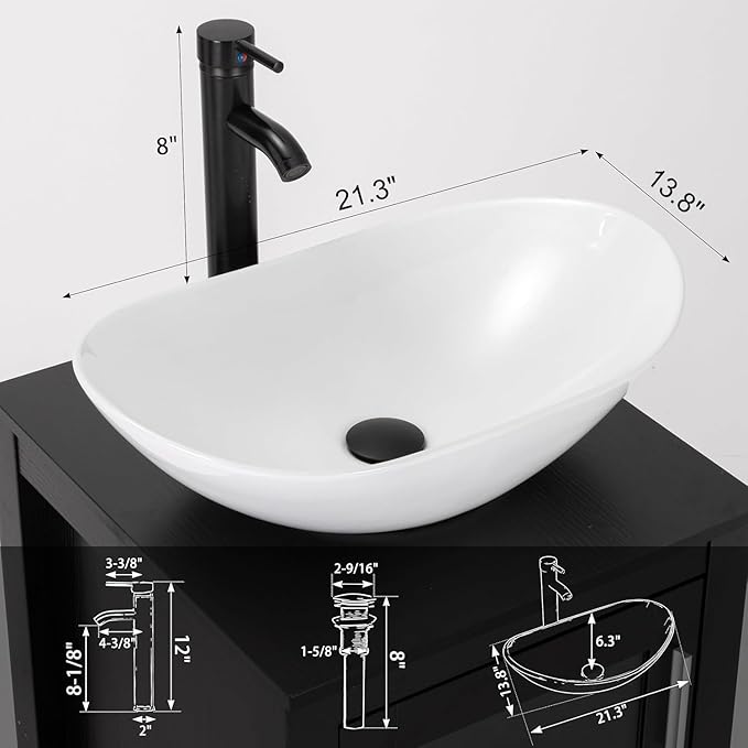 eclife Bathroom Ceramic Sink Bowl Classic White Boat Porcelain Vessel Sink and Faucet Combo for Bathroom Countertop Bowl Sink & ORB Pop Up Drain (T44)