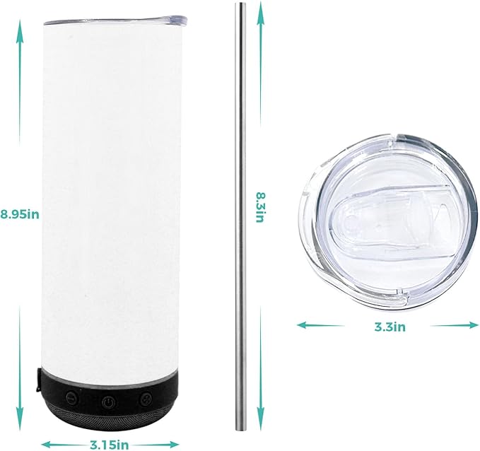 20oz 1pack sublimation Music Speaker Tumbler Blank Bulk Black with Glow Green,Straight music mug with straw, lid, straw brush,Reusable Travel Coffee Mug For Men and Women