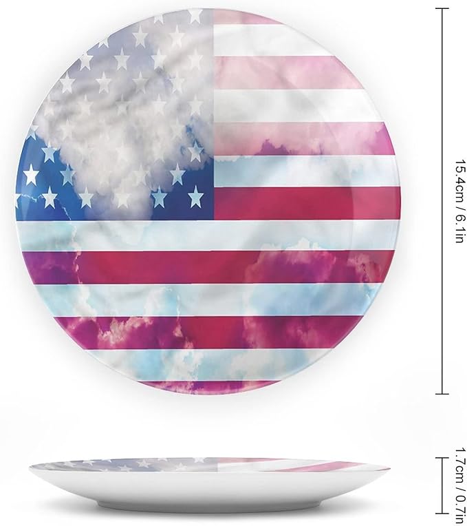 Ceramic Plates, American Flag Decorative Ceramic Plates, Flag Clouds Memorial, 10 Inch, Household Plates Decorative, Multicolor