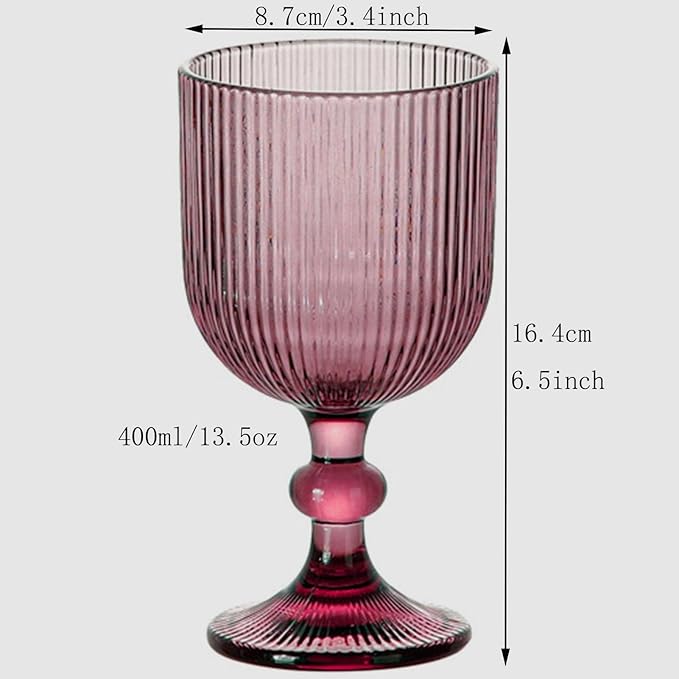 Purple Glasses Drinking Water Goblets set of 6 Colored Wine Glasses 13oz Pink Vintage Glassware for Wedding Party Bar Vertical Line Embossed Pattern Stemmed Cups 400ml